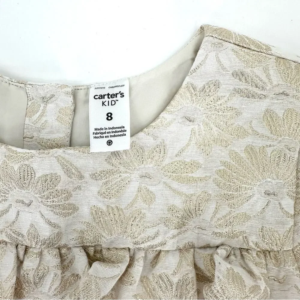Carter’s girl jacquard woven dress cream metallic gold floral Size 8